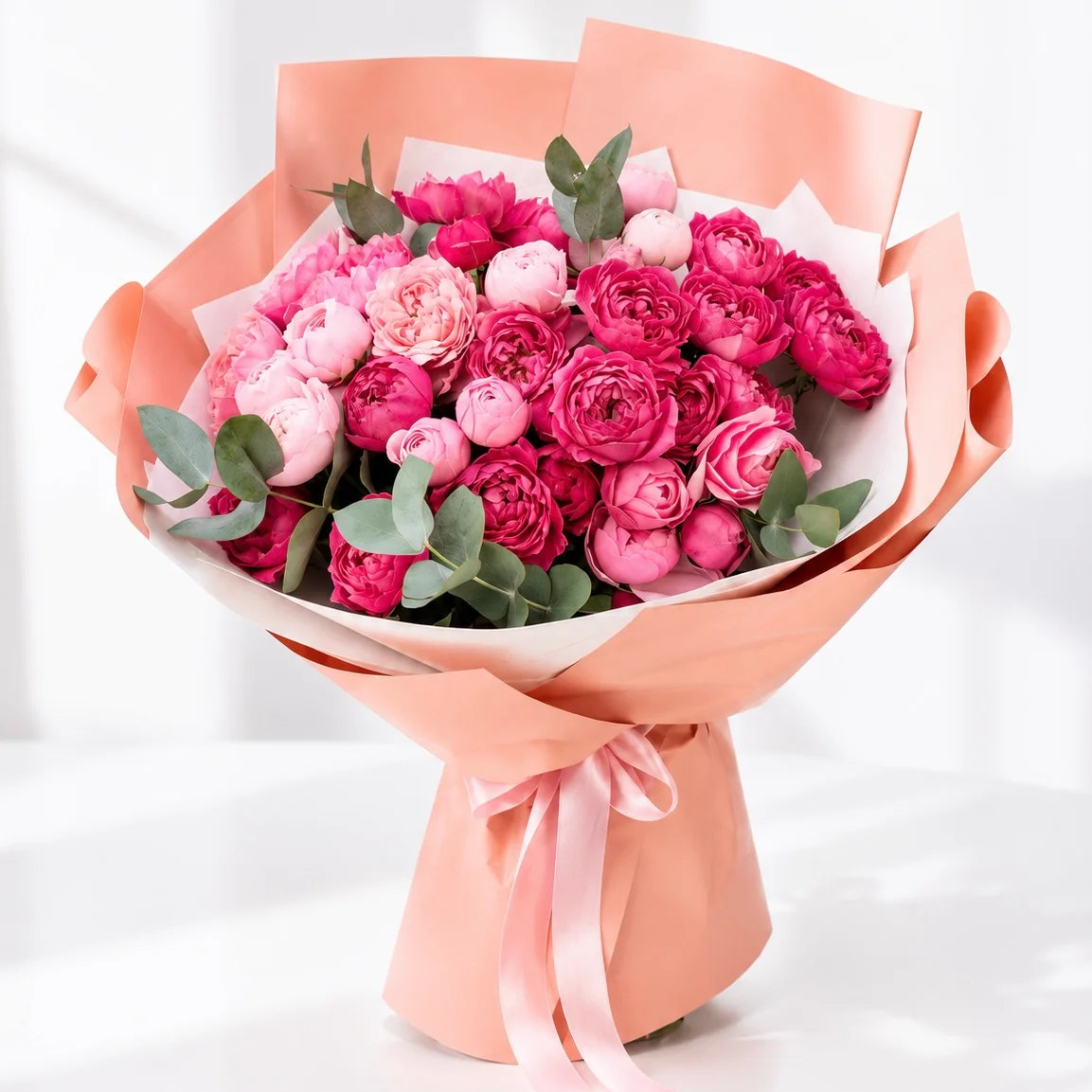 Fresh Blooming Charm 13 Pink Peony Roses wrapped in premium floral paper with luxurious satin ribbon